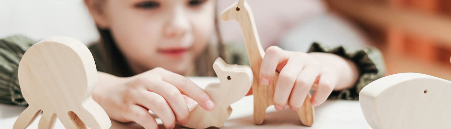 Enfant qui joue avec ses jouets dinosaures en bois