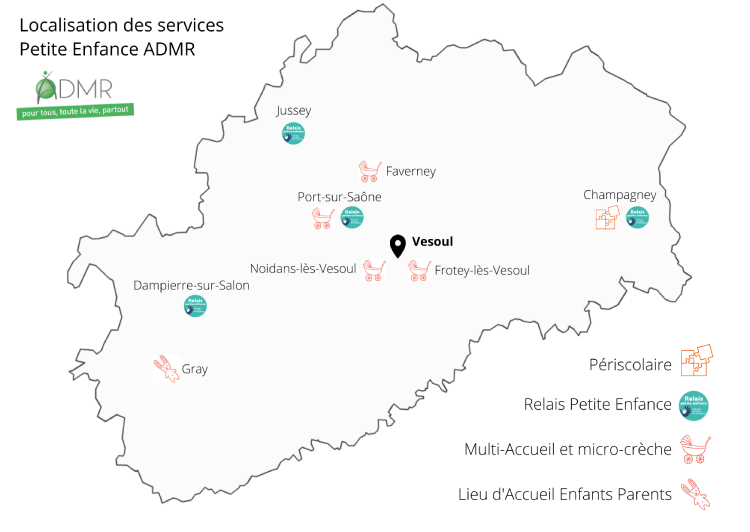 Carte de la localisation des services Petite Enfance ADMR, Dampierre -sur-Salon, Jussey, Port-sur-Saône, Faverney, Champagney, Vesoul, Noidans-lès-Vesoul, Frotey-lès-Vesoul, Grayl